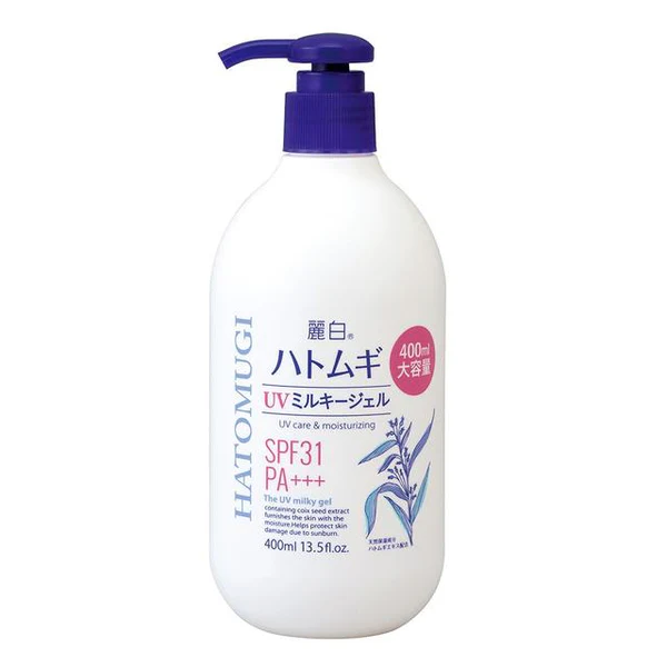 Sữa dưỡng thể chống nắng – REIHAKU HATOMUGI UV MILKY GEL SPF31 PA+++ (400ml) 熊野油脂 麗白 ハトムギ UV ミルキージェル SPF31 PA+++