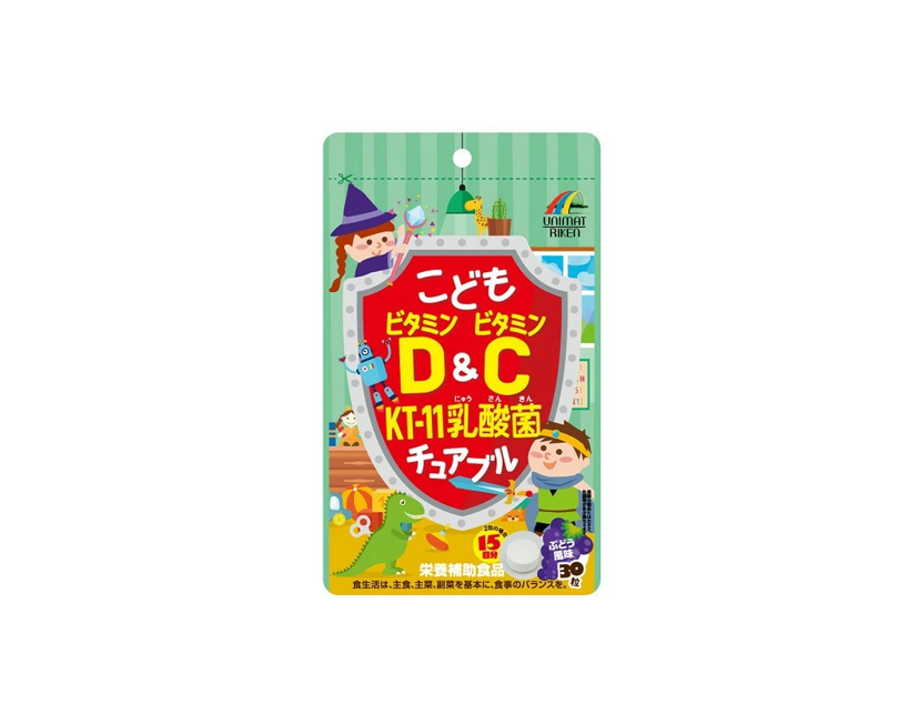 Kẹo nhai Unimat Riken bổ sung Vitamin D,C và lợi khuẩn cho bé vị nho – VITAMIN D & VITAMIN C LACTIC ACID BACTERIUM (KT-11) CHEWABLE TABLET FOR KIDS (30 Tablets) ユニマット リケン こども ビタミンD ＆ ビタミンC KT-11 乳酸菌 チュアブル ぶどう風味