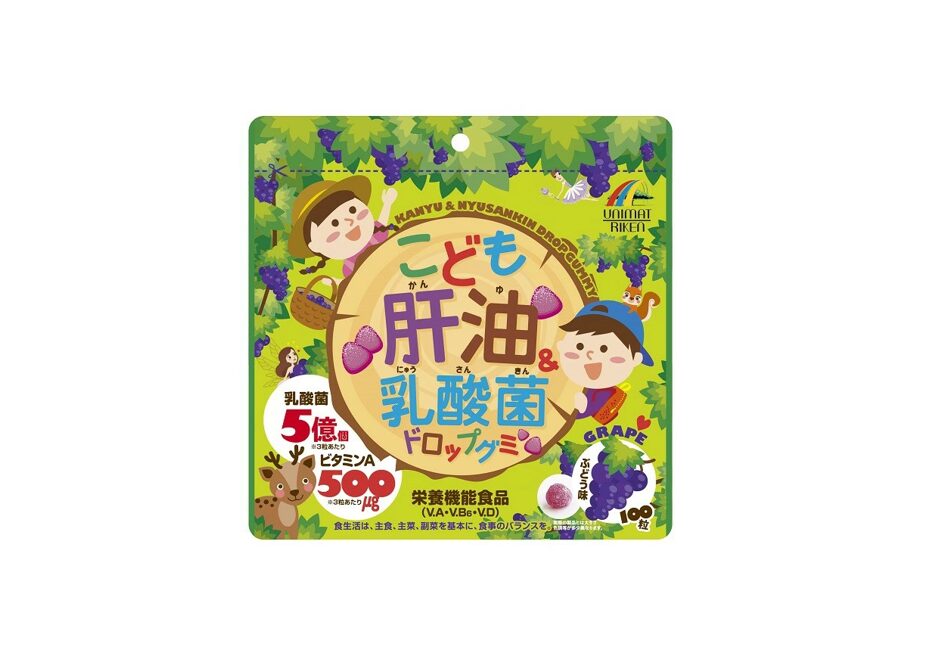 Kẹo dẻo Unimat Riken bổ sung lợi khuẩn cho bé chiết xuất dầu gan cá vị nho – KANYU & LACTIC ACID BACTERIUM DROP GUMMY FOR KIDS (100 Pieces) ユニマット リケン こども 肝油 ＆ 乳酸菌 ドロップ グミ ぶどう味